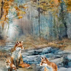 “Fox Den Autumn Woodland Fox Panel DP28330-44 by Northcott – 24×43 digitally printed cotton quilt panel with fox family, autumn forest and rocky creek – Lightning Bugs Quilt Studio”
