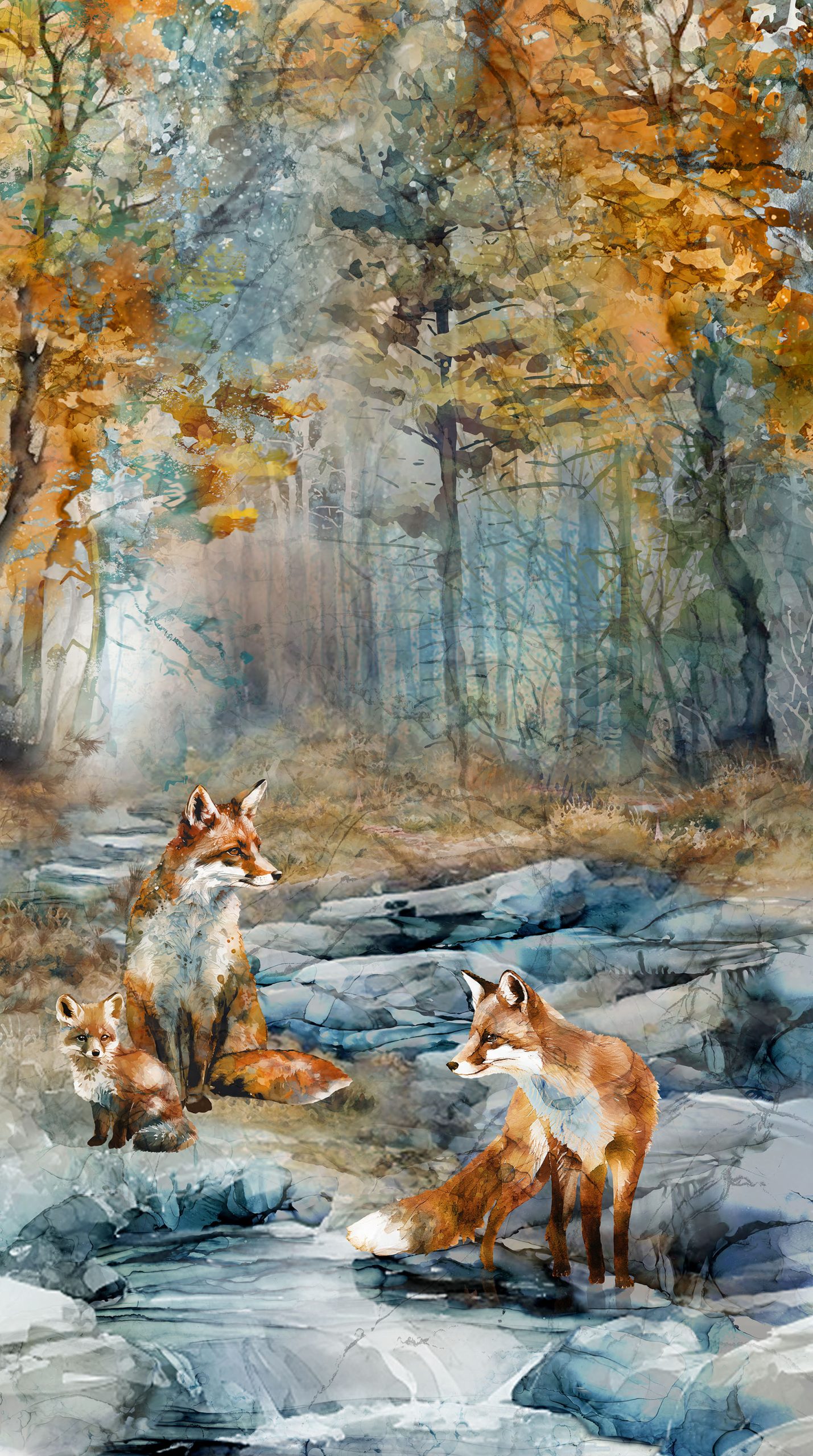 Fox Den Panel DP28330-44 “Fox Den Autumn Woodland Fox Panel DP28330-44 by Northcott – 24×43 digitally printed cotton quilt panel with fox family, autumn forest and rocky creek – Lightning Bugs Quilt Studio”