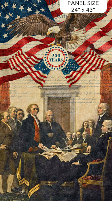 America 250 Panel DP28365-12 “America 250 Signing of the Declaration Panel DP28365-12 by Northcott – 24×43 patriotic cotton quilt panel with eagle, flags, and historic signing scene – Lightning Bugs Quilt Studio”
