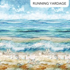 “The Great Outdoors – Coastal Ombre DP28451-44 by Northcott – digitally printed running-yardage quilting cotton with seashell beach, ocean waves, blue sky – Lightning Bugs Quilt Studio”