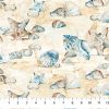 “The Great Outdoors – Seashell Toss DP28452-44 by Northcott – digitally printed cotton quilting fabric with seashells, starfish, pebbles on sandy beige background – Lightning Bugs Quilt Studio”