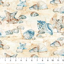 “The Great Outdoors – Seashell Toss DP28452-44 by Northcott – digitally printed cotton quilting fabric with seashells, starfish, pebbles on sandy beige background – Lightning Bugs Quilt Studio”