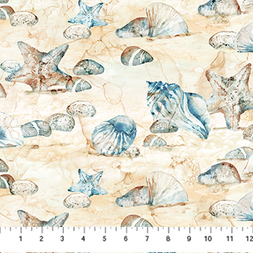 The Great Outdoors, DP28452-44 “The Great Outdoors – Seashell Toss DP28452-44 by Northcott – digitally printed cotton quilting fabric with seashells, starfish, pebbles on sandy beige background – Lightning Bugs Quilt Studio”