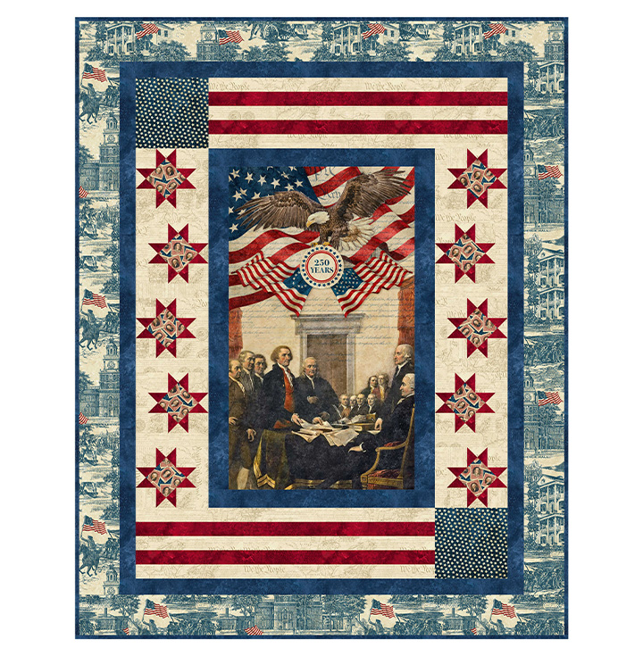 Land_of_Liberty “Land of Liberty Quilt Kit – patriotic red white blue quilt featuring Declaration of Independence panel, eagle, flags, stars – America 250 fabric by Northcott – finished size 60×76 – Lightning Bugs Quilt Studio”