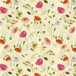 Clothworks Poppy Dreams Digital Print Fabric – watercolor poppies in pink, red, and white on cream background quilting cotton
