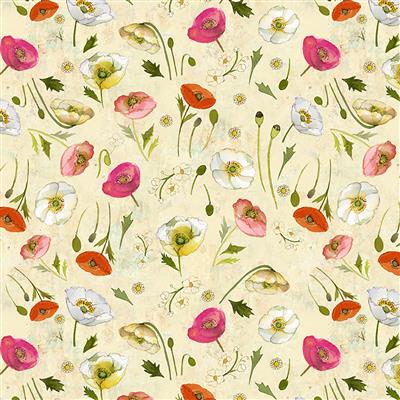 Poppy_Dreams Clothworks Poppy Dreams Digital Print Fabric – watercolor poppies in pink, red, and white on cream background quilting cotton