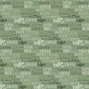 Clothworks Yay! Coffee Fabric – typography print with coffee-themed words and phrases in green, cream, and brown