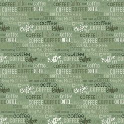 Clothworks Yay! Coffee Fabric – typography print with coffee-themed words and phrases in green, cream, and brown