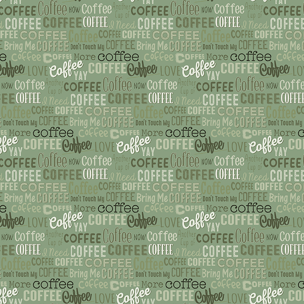 Yay! Coffee Words Clothworks Yay! Coffee Fabric – typography print with coffee-themed words and phrases in green, cream, and brown