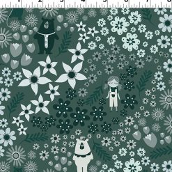 Clothworks Little Goldi Meadow Fabric – whimsical bears, florals, and Little Goldi on green background quilting cotton