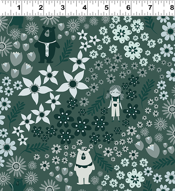 new new goldi floral Clothworks Little Goldi Meadow Fabric – whimsical bears, florals, and Little Goldi on green background quilting cotton