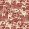 America 250 Independence Hall red fabric by Northcott with Revolutionary War scenes, colonial buildings, and American flags.