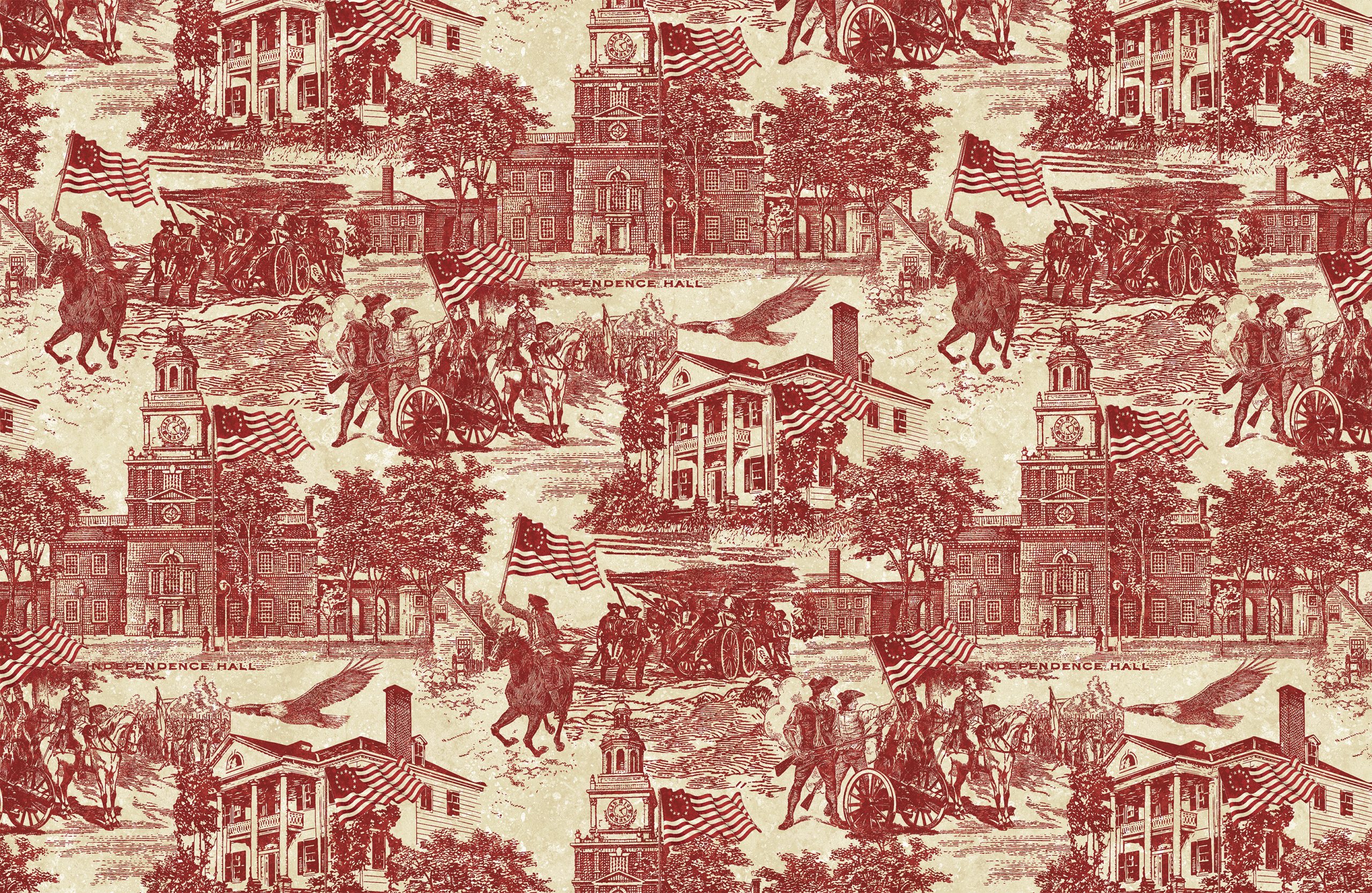 28372-24 America 250 Independence Hall red fabric by Northcott with Revolutionary War scenes, colonial buildings, and American flags.