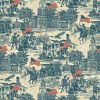 America 250 Independence Hall fabric by Northcott featuring vintage Revolutionary War scenes and American flags in navy, cream, and red.