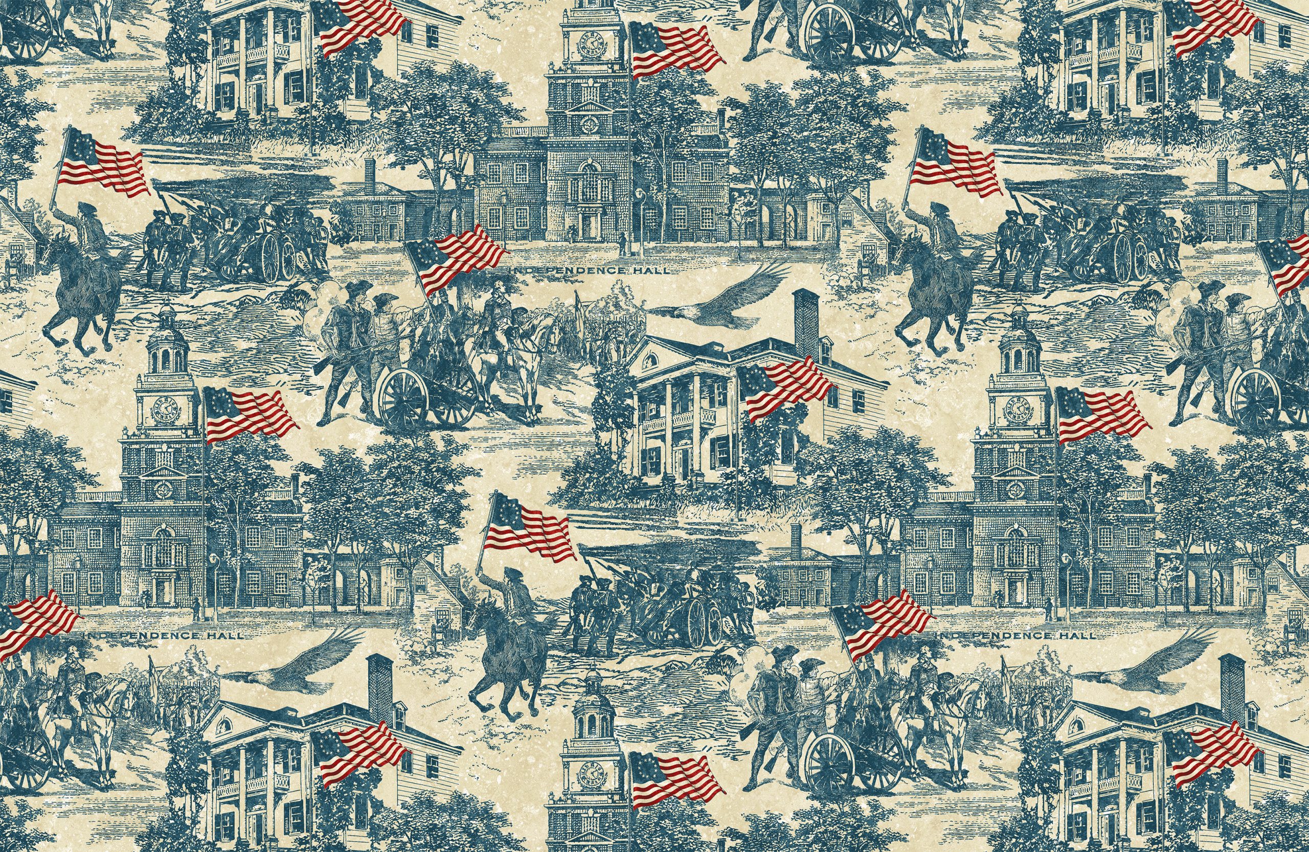 America 250, Independence Hall, 28372-49 America 250 Independence Hall fabric by Northcott featuring vintage Revolutionary War scenes and American flags in navy, cream, and red.