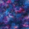 Close-up of Northcott Space Odyssey DP28439-46 cotton fabric showing a galaxy print in vivid blue, purple, and pink tones with scattered starlight.