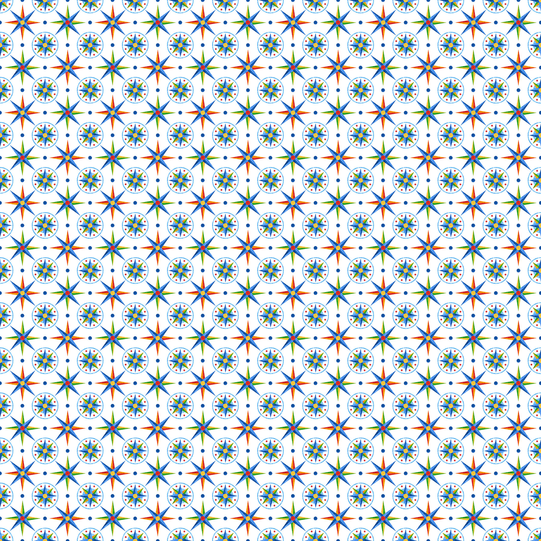 28020-10 White cotton fabric with small multi-colored Mariner’s Stars from Atlantic Coast by Northcott, SKU 28020-10.